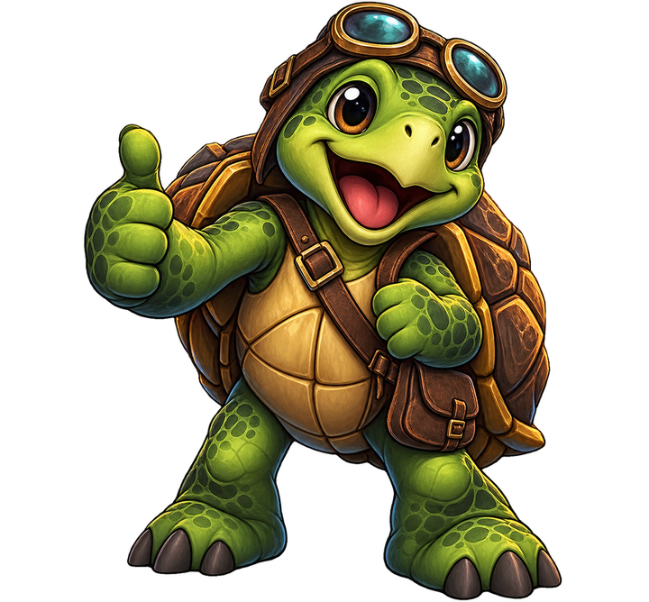 The Turtles Wow mascot: a goggled turtle adventurer giving a thumbs up